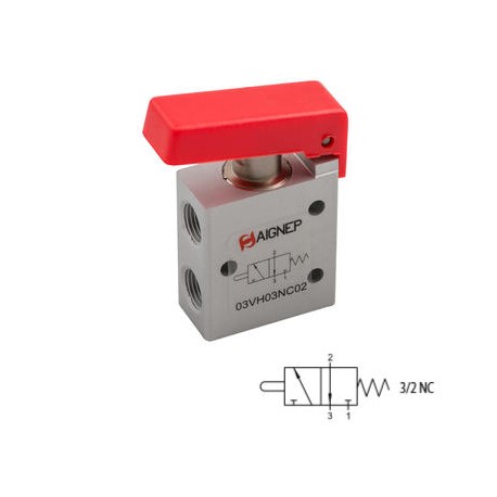 VÁLVULA DE LEVA ROJA 16MM 3/2 VÍAS DE ACCIONAMIENTO MECÁNICO ROSCA DE 1/8 REF. 3VH0 3 NC AIGNEP
