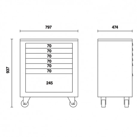 plano y medidas composición cajonera móvil 7 cajones