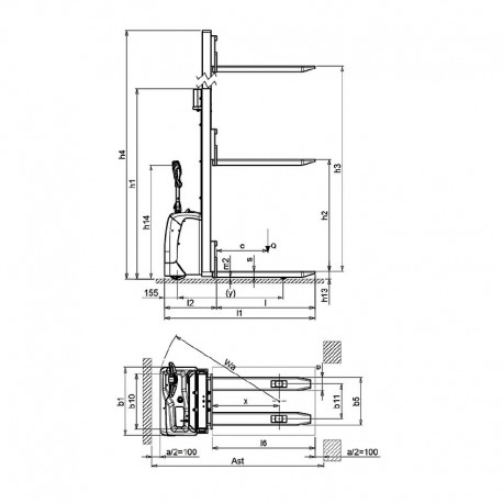 Plano y cota transpaleta eléctrica Pramac GX 12/25