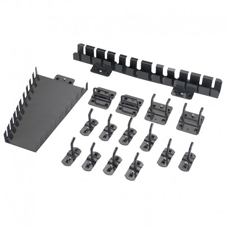 CONJUNTO DE 16 GANCHOS Y SOPORTES PARA PANELES PERFORADOS DE TALLER ALYCO