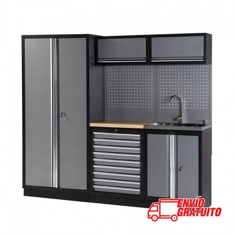 MUEBLE DE TRABAJO 3 MÓDULOS 458X2000X2275MM CON BANCADA DE MADERA Y GRIFO ALYCO