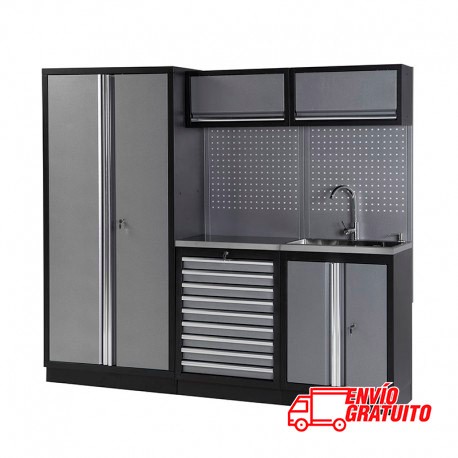 MUEBLE DE TALLER 3 MÓDULOS 458X2000X2275MM CON BANCADA DE ACERO INOX Y GRIFO ALYCO