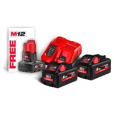 KIT 2 BATERÍAS 8 AMPERIOS M18 + BATERÍA 2 AMPERIOS M12-18FC Y CARGADOR HNRG-802 MILWAUKEE