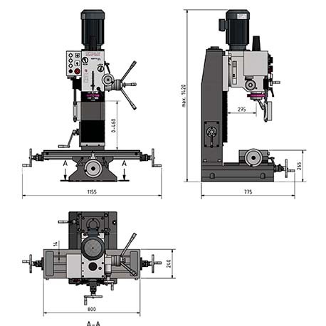 Planos y cotas Máquina para fresar Aslak MB 4