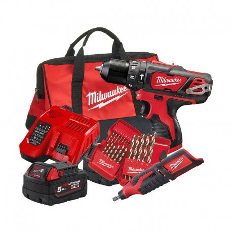 CONJUNTO TALADRO PERCUTOR CON HERRAMIENTA ROTATIVA, BROCAS, BATERÍA Y BOLSA MILWAUKEE