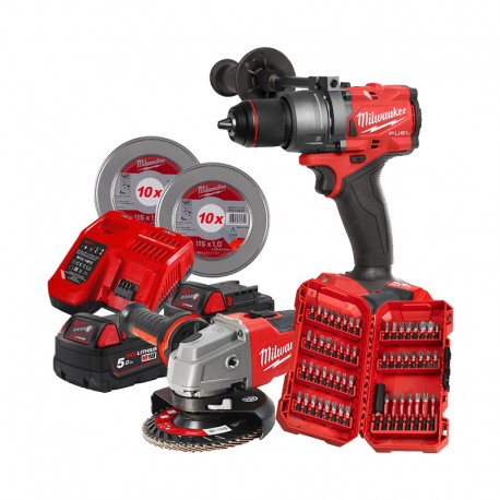 CONJUNTO TALADRO PERCUTOR M18 CON AMOLADORA, BATERÍAS, DISCOS Y BROCAS MILWAUKEE