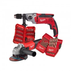 CONJUNTO AMOLADORA Y TALADRO CON ESTUCHES DE BROCAS MILWAUKEE