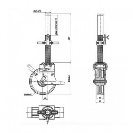 RUEDA PARA ANDAMIO 200 MM REGULABLE HUSILLO 38X500MM CON FRENO DE GOMA Y ACERO CARGA DE 700 KG