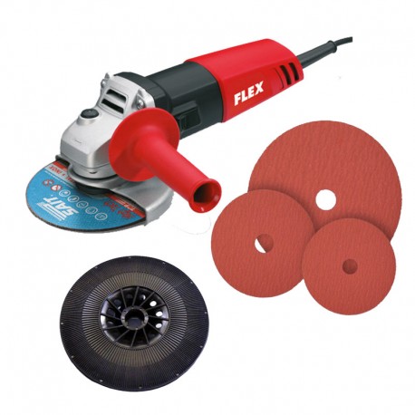 50 DISCOS DE FIBRA DE DIFERENTES GRANOSMÁS AMOLADORA FLEX 800 W Y SOPORTE.