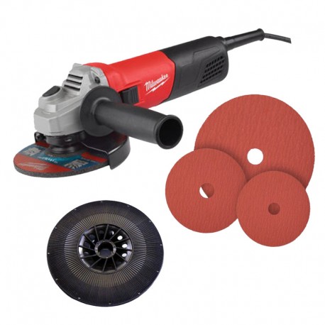 50 DISCOS DE FIBRA DE DIFERENTES GRANOSMÁS AMOLADORA MILWAUKEE DE 1000 W Y SOPORTE.