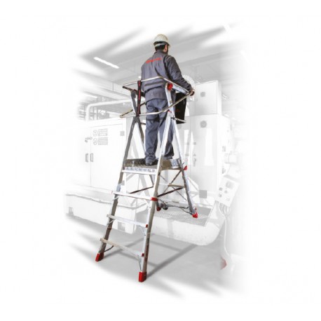 PLS | Escalera con amplia plataforma y altura regulable, altura de trabajo máxima 310 cm.