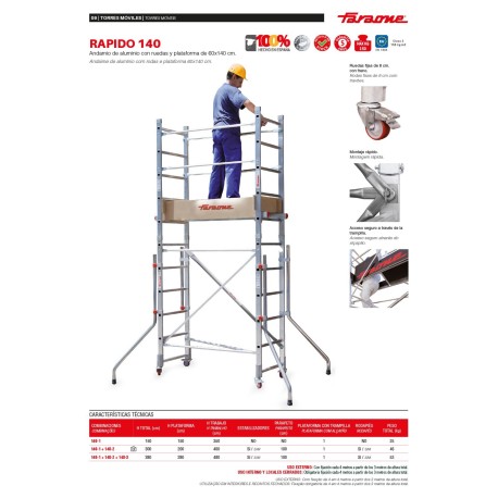 RAPIDO 140 | Andamio de aluminio con ruedas y plataforma de 140x60 cm