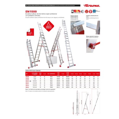 EN1500 | Escalera multiuso de 3 tramos con peldaños cómodos,Escalera 