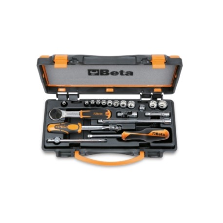 Surtido de 11 vasos poligonales y 8 accesorios, en caja de metal – 90