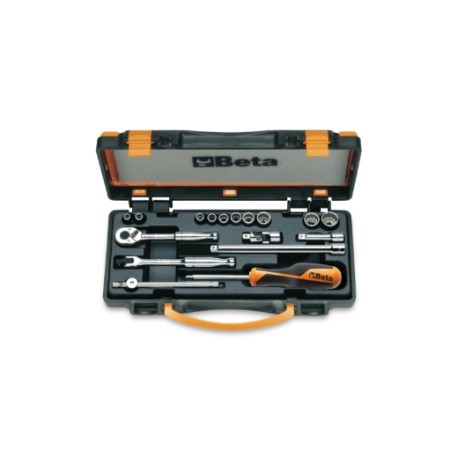 Surtido de 10 vasos poligonales y 7 accesorios, en caja de metal – 90