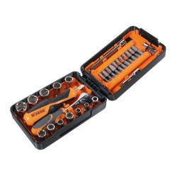 Surtido de 11 vasos multihuella, 21 puntas, 6 accesorios y 1 carraca 