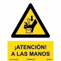 Adhesivo Triangular Peligro Atención Manos 90 mm